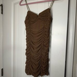 Blush Tan Ruched Mini Dress
